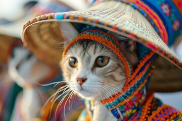 A cat wearing a colorful hat