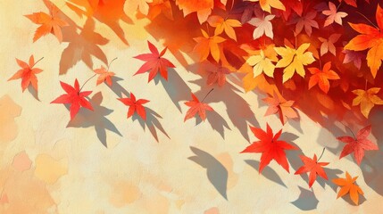 Fototapeta premium Serene Autumn Vibes - Minimalist Anime Vector Illustration of Dried Maple Leaves on Sunlit Background for Thanksgiving Concept