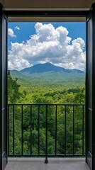 Fototapeta premium Experience breathtaking green mountains from a balcony in Northern Thailand, where clouds and mist create a serene atmosphere in the hills below