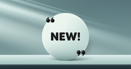 New tag. Circle frame, product stage background. Special offer sign. New arrival symbol. Arrivals round frame message. Minimal design offer scene. 3d comma quotation. Vector