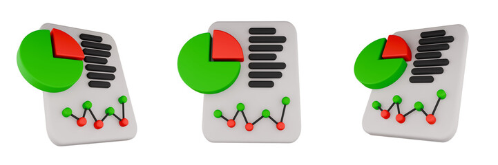 Set 3D illustration of clipboard with pie chart and graph, data analysis.