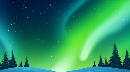 Naklejka premium A vibrant green aurora borealis lights up the night sky above a snow-covered landscape with silhouettes of evergreen trees.