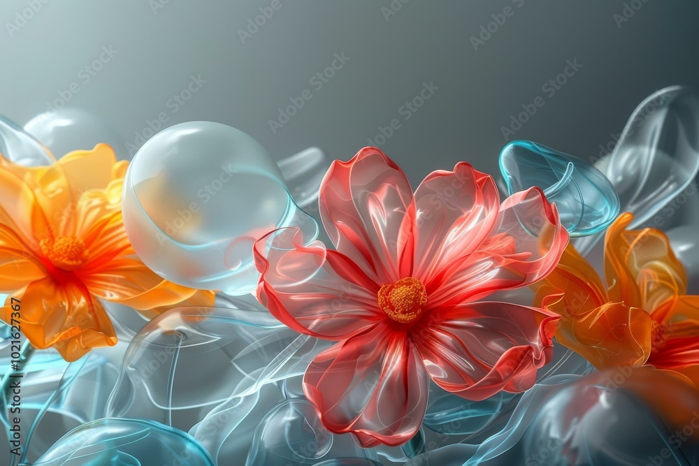 Poster 3D rendering of orange and red flowers with blue glass-like objects