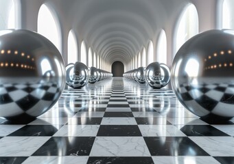 Futuristic Sci-Fi Checkered Floor Hallway With Silver Spheres