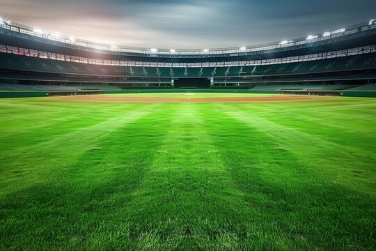 A baseball field with a green grassy field and a stadium in the background. generative ai image
