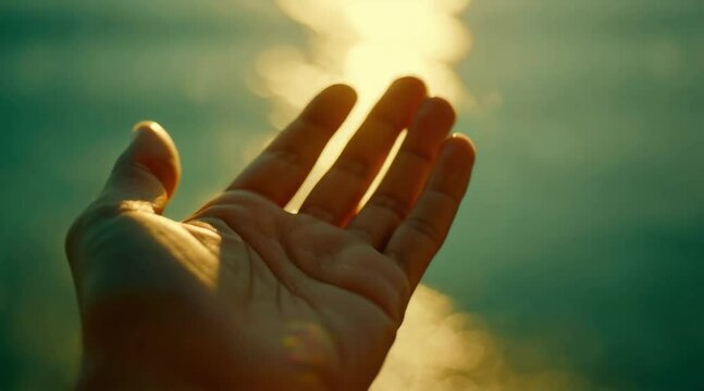 Hand praying and reaching towards blue sky