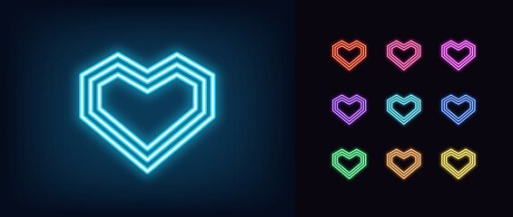 Outline neon geometric heart, icon set. Glowing neon angular heart with concentric outline silhouette. Digital love, romantic symbol, retro heart sign, geometric angular shape, amour. Vector icons