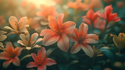 Peach and White Flowers in a Field - Digital Illustration