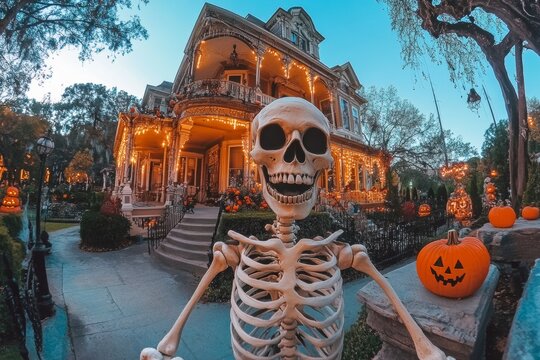 Funny Skeleton Taking a Selfie In Front Of a Haunted Mansion Decorated for Halloween, Scary Halloween Concept
