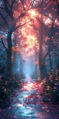 fantasy forest path with a creek and flowers