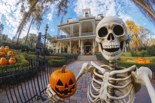 Funny Skeleton Taking a Selfie In Front Of a Haunted Mansion Decorated for Halloween, Scary Halloween Concept