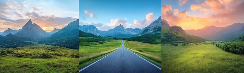 Naklejka premium Pictures of a road going through a valley, travel