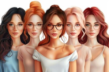 Obraz premium Group of diverse young women with different hair colors wearing glasses