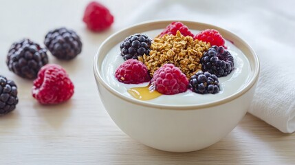 A white bowl filled with yogurt, granola, raspberries, blackberries, and a drizzle of honey.