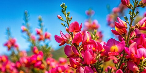 Vibrant Pink Scotch Broom Plant in Bloom Against a Clear Blue Sky with Lush Green Background