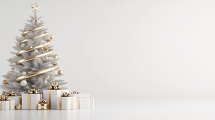 A golden ribbon Christmas tree stands elegantly on a white floor, surrounded by gift boxes, creating a minimalistic backdrop ideal for holiday-themed product displays