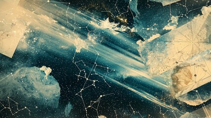 Abstract collage with celestial patterns, constellations, and vintage paper textures on a dark background.