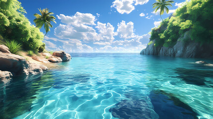 Fototapeta premium Tranquil sea lagoon picture. Crystal-Clear Lagoon. Illustration