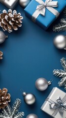 This festive design features silver and navy blue gift boxes adorned with ribbons, surrounded by snowflakes and ornaments, ideal for holiday greetings and promotions.