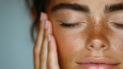 A serene macro close-up shot of smooth, soft skin, focusing on a closed eye and a gentle hand resting on the face. The interaction between hand and face emphasizes the delicate tex