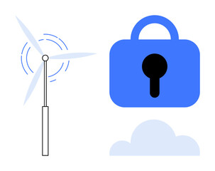 Wind turbine beside a padlock over a cloud. Ideal for renewable energy, security, data protection, sustainability, and technology. Minimalist vector style with blue, black, and light grey colours