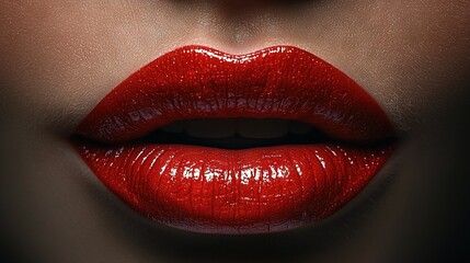 Obraz premium A woman's close-up shot lips with bright red lipstick on them, displayed from below