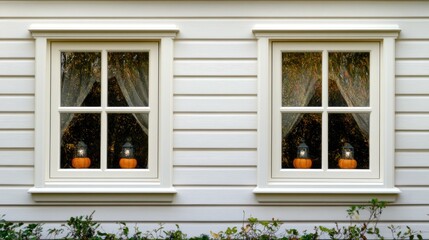 The inviting home interior features white wooden-framed windows adorned with seasonal decor, while autumn foliage creates a stunning backdrop filled with warmth and charm.