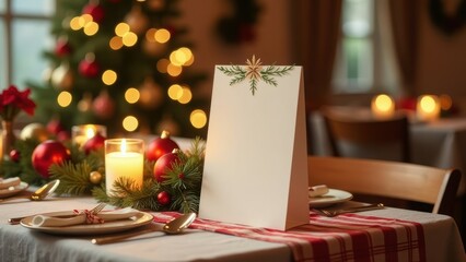 festive holiday decorated table setting with focus on empty white menu card standing upright on table, warmly lit restaurant with Christmas tree in background.restaurant promotions or menus concept.