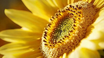 Close up of a bright yellow sunflower with a focused center.