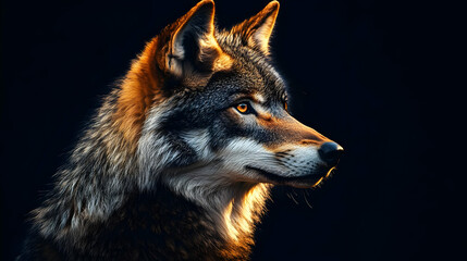 Fototapeta premium Wolf Portrait: Golden Fur in the Dark