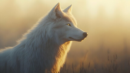 Naklejka premium White Wolf in Golden Light - Realistic Animal Illustration