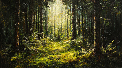 Obraz premium Path in forest with lush green grass and towering trees on either side