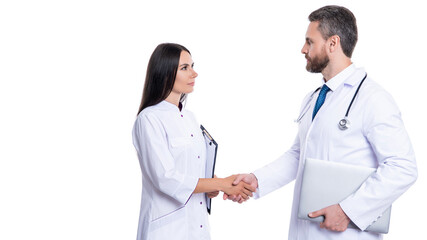 Handshake, agreement on patient health. hospital teamwork collaboration. successful treatment. doctor handshake with nurse. two doctor shaking hands isolated on white. copy space