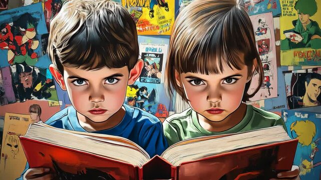 Two children with serious expressions look intensely at a red book in front of them
