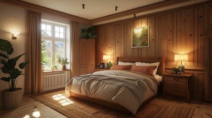 Cozy Wooden Bedroom Interior Design Illustration