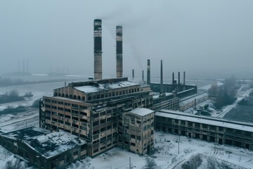 Obraz premium Smoke rising from the smokestacks of an abandoned factory covered in snow