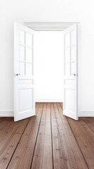 This modern interior features a bright, airy space with large windows, white walls, and a wooden floor. The open door invites natural light, creating a welcoming atmosphere