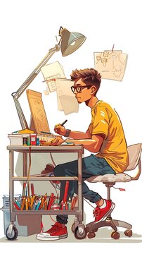 recommend clip art: A cartoon boy writing is sitting at the table in the room generative AI