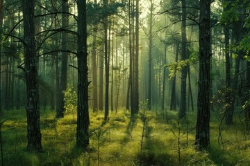 Fototapeta premium Beautiful green forest filled with tall trees illuminated by beams of sunlight shining through morning mist