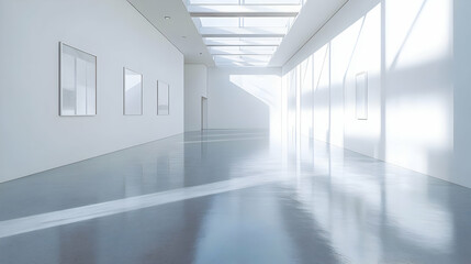 Fototapeta premium White Minimalist Gallery Interior with Glass Ceiling and Sunlight