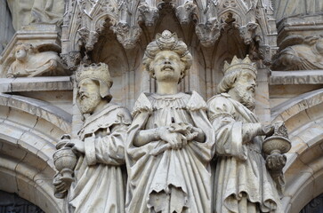 Close-up of Stone Sculptures of Three Kings on a Gothic Cathedral in Brussels
