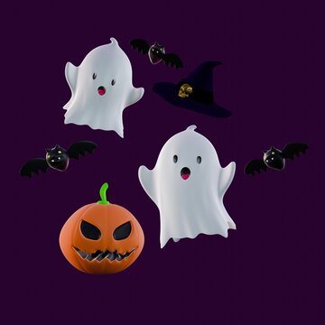 Funny Halloween ghost and Halloween pumpkins with space for text over background. Halloween concept background