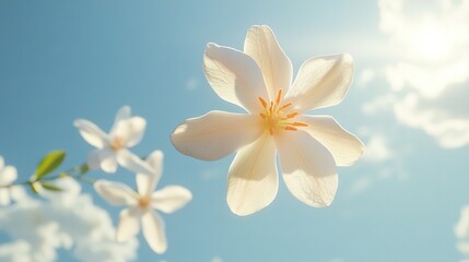 Naklejka premium a white flower against a blue backdrop with white flora in the foreground