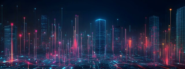 Obraz premium A futuristic city skyline with glowing digital connections, representing the integration of smart technology in urban life