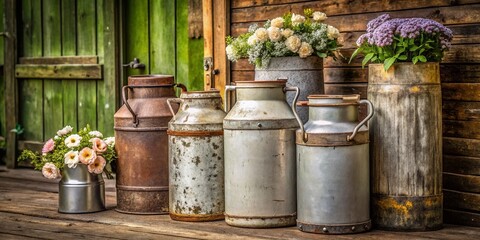 Obraz premium Vintage Antique Milk Cans in Rustic Setting, Perfect for Farmhouse Decor and Nostalgic Vibes