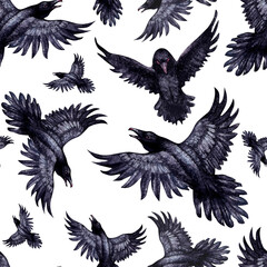 Seamless pattern with black ravens parliament. Watercolor illustration of magic birds in a realistic style on a white background. Template design element for Halloween prints, fairy tales.