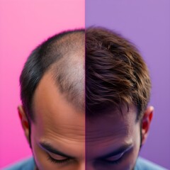 Fototapeta premium Before and After Hair Restoration: Detailed Close-Up of Scalp Transformation with Thinning Hair and Dramatic Regrowth