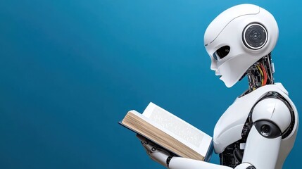 Robot Reading a Book Against a Blue Background, AI