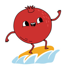 Retro fruit  character illustration. Happy pomegranate surfing isolated vector illustration.