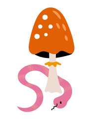 Mushroom with a cute snake isolated on white. Hand drawn vector illustration.